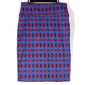 LaLaRoe Cassie Blue Pink Black Geometric Stretch Knit Straight Pencil Skirt Sz M